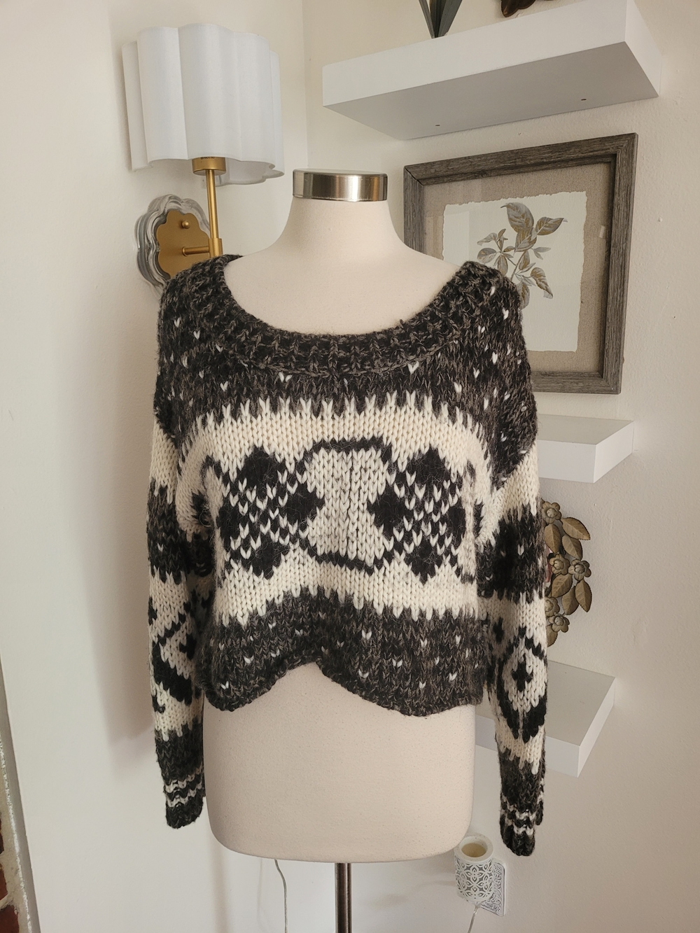 Free People Women's Black and Cream Patterned Scoop Neck Sweater Small